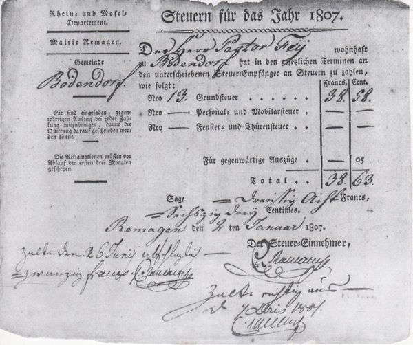 Steuerbescheid für das Jahr 1807 von Mairie Remagen an Pastor Fey